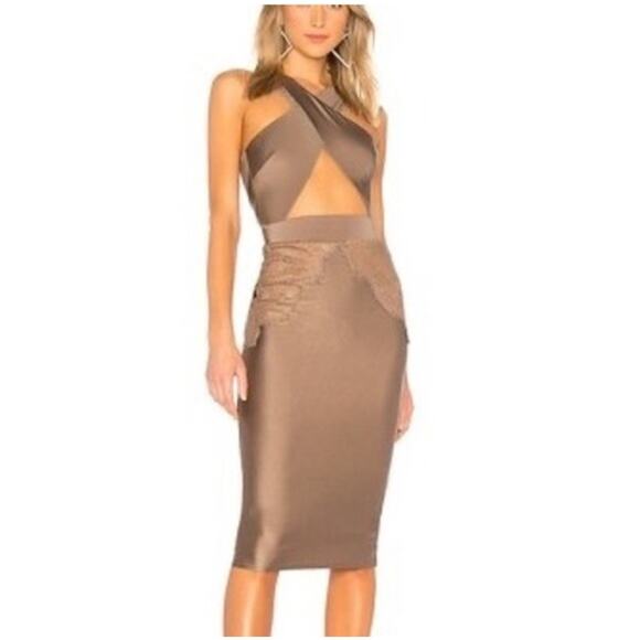 Michael Costello x REVOLVE Philip Midi Dress Lace Cut Out Taupe XL Cocktail Ae8 - Picture 1 of 12